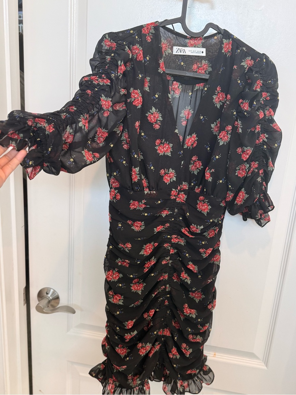 Zara Black Mini Dress with Red Floral Print